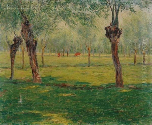 Landscape With Cows At Pasture/an Impressionist Scene Oil Painting by John Leslie Breck