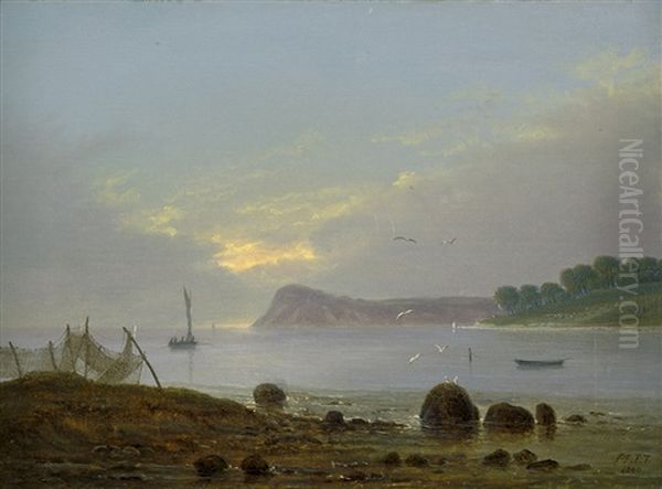 Kustenpartie Mit Segelschiff Und Fischernetzen Bei Morgendammerung Oil Painting by Jan Tengnagel