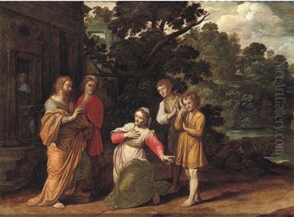 Elisha With The Widow And Her Sons Oil Painting by Jan Tengnagel