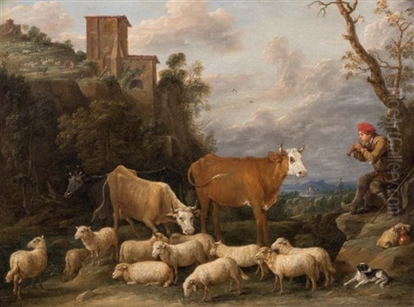 Shepherds With Their Flocks In An Arcadian Landscape Oil Painting by David Teniers III