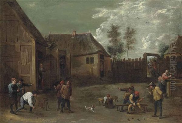 A Village Scene With Figures Bowling, Smoking, And Conversing Oil Painting by David Teniers Iv