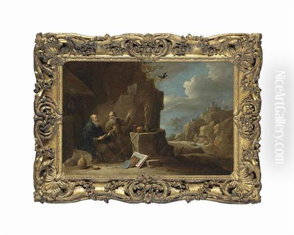 Saints Anthony Abbot And Paul Of Thebes In A Rocky Landscape, A Ruined Castle On The Hills Beyond Oil Painting by David Teniers Iv