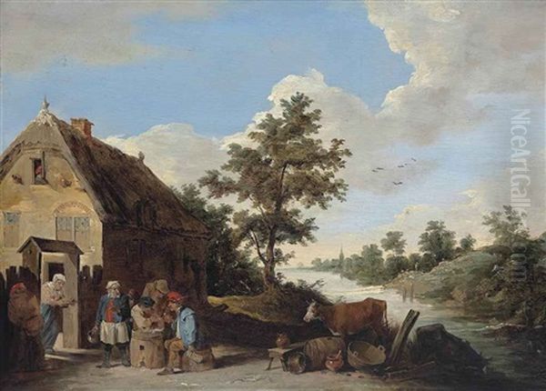 Figures Drinking And Playing Outside A Cottage, With A Cow On A Riverbank, A Church Beyond Oil Painting by David Teniers Iv