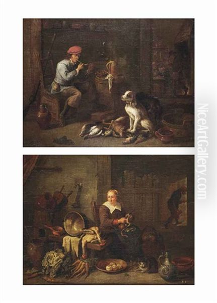 An Interior With A Seated Hunter Smoking A Pipe Beside His Dogs...; An Interior With A Seated Kitchen Maid Peeling Apples With A Cat... (pair) Oil Painting by David Teniers Iv