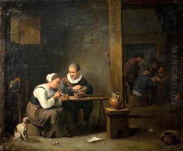 Man And Woman Smoking A Pipe Oil Painting by David Teniers Iv