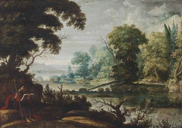 A Wooded Landscape With Saint James The Elder Resting On A Riverbank, With A Herdsman And His Cattle In The Distance, And A Town Beyond Oil Painting by David Teniers the Elder