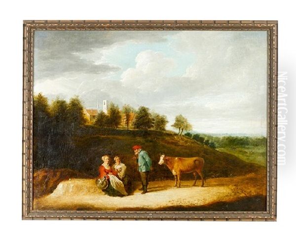 A Shepherd With Two Women And A Cow In Landscape In Front Of A Village Oil Painting by David Teniers the Younger