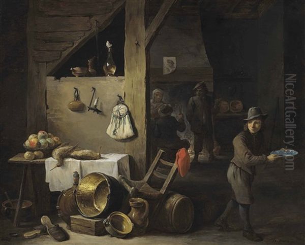 A Kitchen Interior With A Young Boy And Three Figures Drinking And Smoking In The Background Oil Painting by David Teniers the Younger