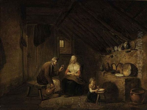 A Peasant Family In A Kitchen Interior Oil Painting by Juliaen Teniers the Younger