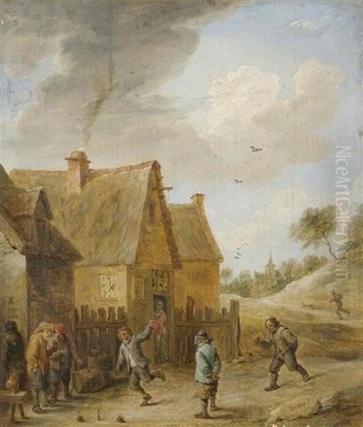 Landliche Szene Vor Einer Schenke Mit Boulespielern Oil Painting by Juliaen Teniers the Younger