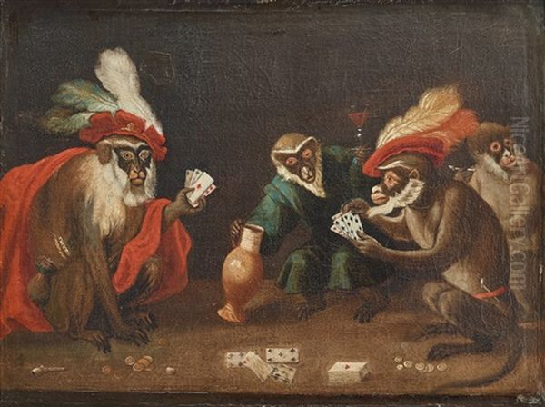 Card Playing Monkeys Oil Painting by Abraham Teniers