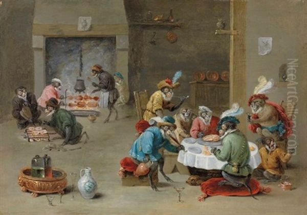 Monkeys Smoking, Drinking And Preparing A Meal In A Kitchen Oil Painting by Abraham Teniers