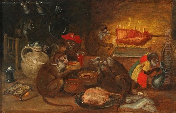 Monkeys Sharing A Meal Oil Painting by Abraham Teniers