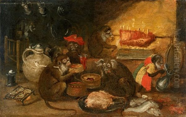 Monkeys As Merry Company Oil Painting by Abraham Teniers