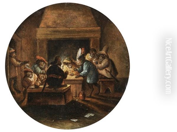 Monkeys Playing Cards, Smoking And Drinking Oil Painting by Abraham Teniers