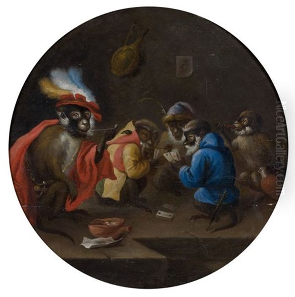 Les Singes Joueurs De Cartes Et Les Singes Barbiers (pair) Oil Painting by Abraham Teniers