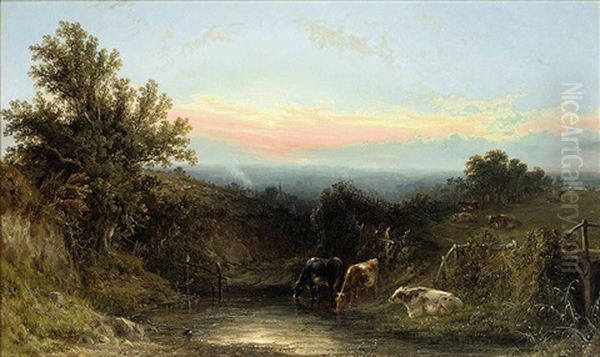 Cattle Watering By A Stream At Sunset Oil Painting by John Frederick Tennant