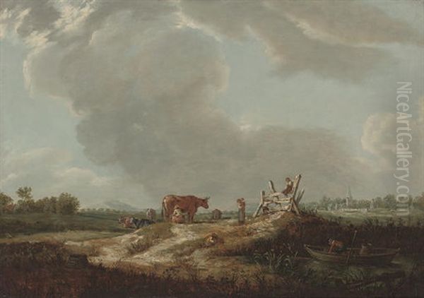 Children Playing By A River, A Milkmaid With Cattle Beyond Oil Painting by John Frederick Tennant