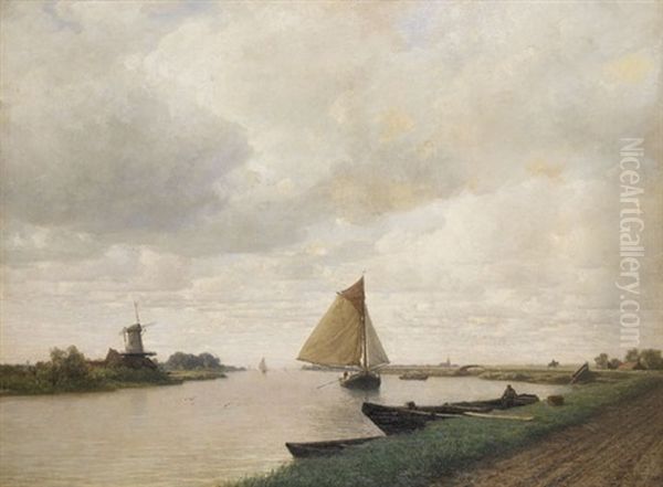 Niederrheinlandschaft Mit Segelboot Und Windmuhle Oil Painting by Eduard Tenner