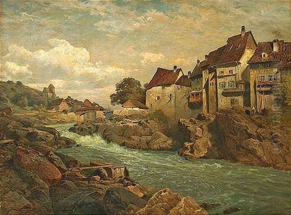 Blick Auf Laufenburg Am Rhein Mit Den Stromschnellen Oil Painting by Eduard Tenner