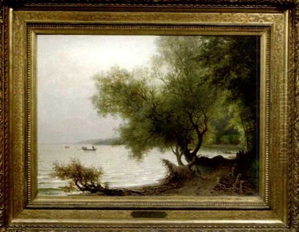 Baumbestandenes Seeufer Mit Fischerbooten Im Morgengrauen Oil Painting by Eduard Tenner