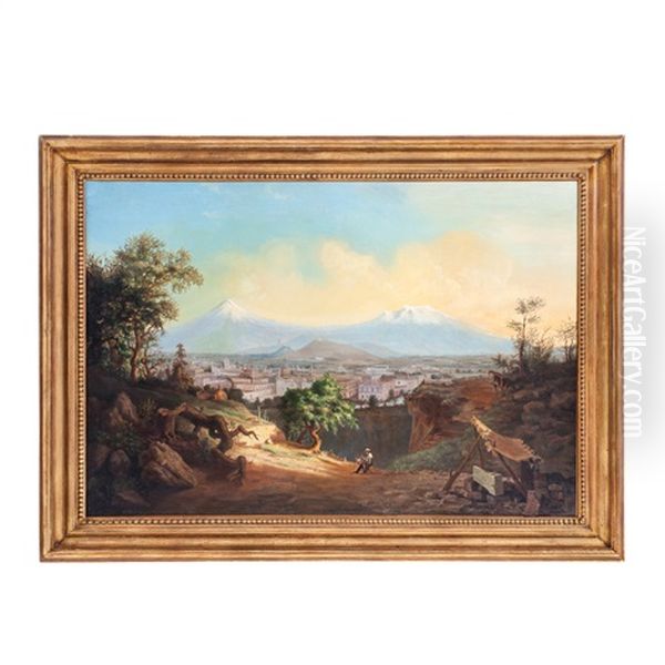 View Of The City Of Pueblo With Volcanoes Oil Painting by Adolfo Tenorio