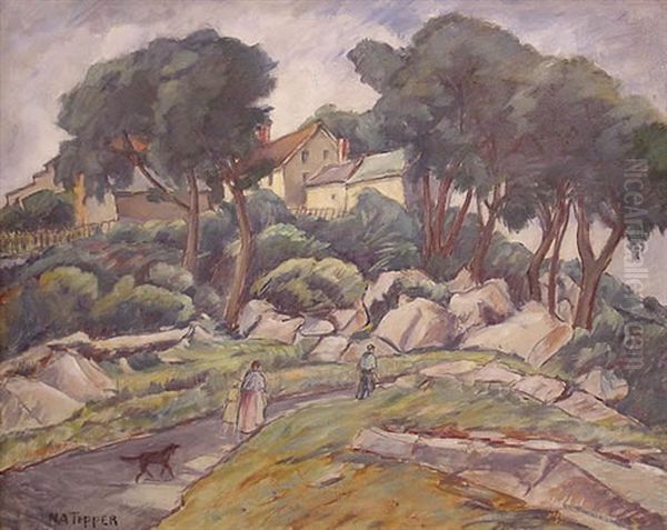 Houses And Figures In A Rocky Landscape Oil Painting by Natalie Arras Tepper