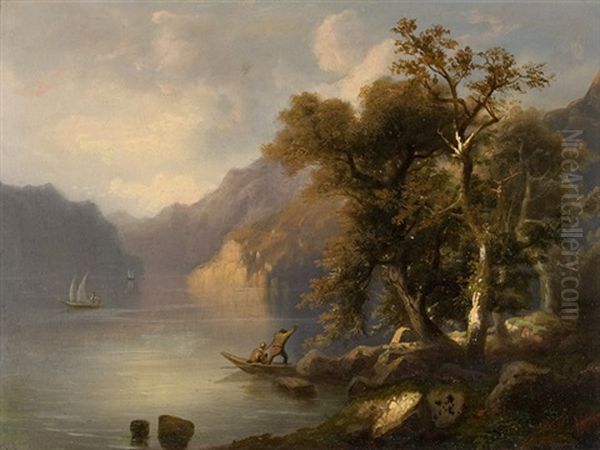 Ansichten Vom Vierwaldstattersee Mit Booten Und Figurenstaffage Und Blick Auf Das Umliegende Gebirge (pair) Oil Painting by Jean Marc Benjamin Tepping