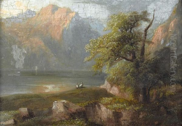 Abendstimmung Am See Mit Staffage Oil Painting by Jean Marc Benjamin Tepping