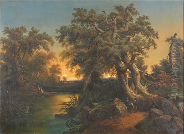 Baumbestandene Weiherlandschaft Mit Figurenstaffage Oil Painting by Jean Marc Benjamin Tepping