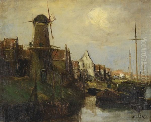 Windmill And Dock Scene At Dusk Oil Painting by Adriaan Christiaan Willem Terhell