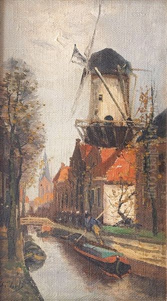 Grachtszene In Einer Hollandischen Stadt Oil Painting by Adriaan Christiaan Willem Terhell