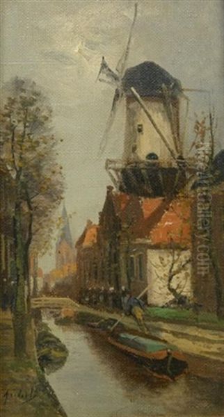 Kleine Hollandische Gracht Mit Windmuhle Oil Painting by Adriaan Christiaan Willem Terhell