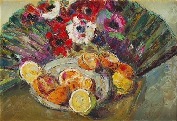 Still Life With Citrus Fruit And Anemone Flowers Oil Painting by Wlodzimierz Terlikowski