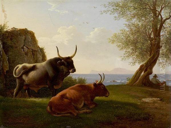 Pastorale Szene Mit Wasserbuffeln Vor Einer Mediterranen Kuste Oil Painting by Abraham Terlink