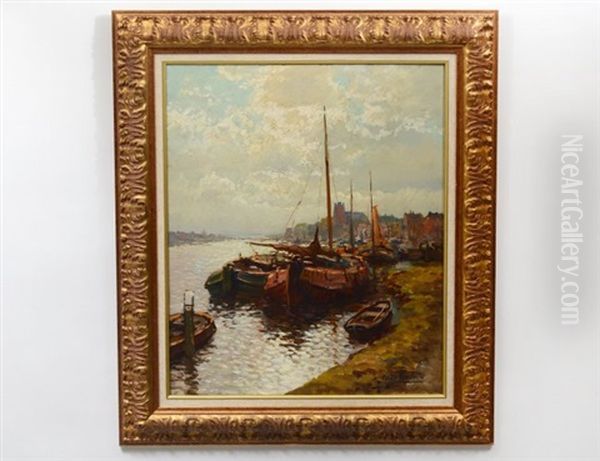 Boats In Amsterdam Oil Painting by Kees Terlouw