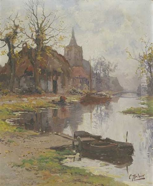 Fluslandschaft Mit Booten U. Hausern Oil Painting by Kees Terlouw