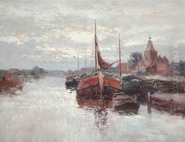 Bateaux De Peche Ammares Pres D'un Village En Hollande Oil Painting by Kees Terlouw