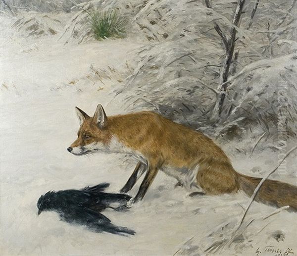 Fox In The Snow Oil Painting by Auguste Ternes