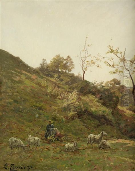 A Shepherdess With A Flock In A Landscape Oil Painting by Clovis Frederic Terraire