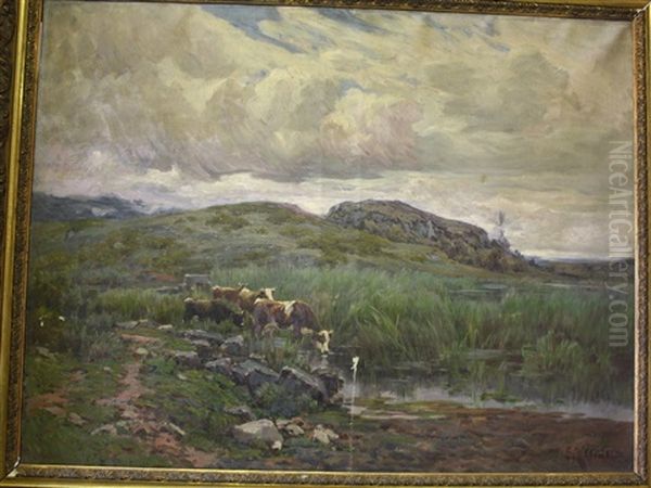 Vaches S'abreuvant Dans La Mare Oil Painting by Clovis Frederic Terraire