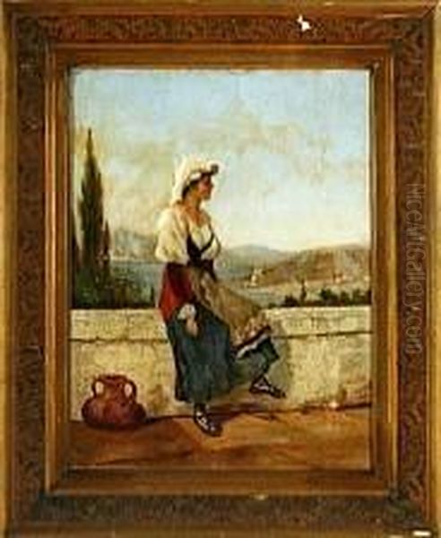 An Italian Woman Is Sitting On A Viaduct Oil Painting by Niels Bredal