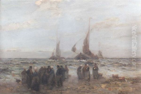 Dutch Fisherfolk Waiting For The Boats Oil Painting by John Terris