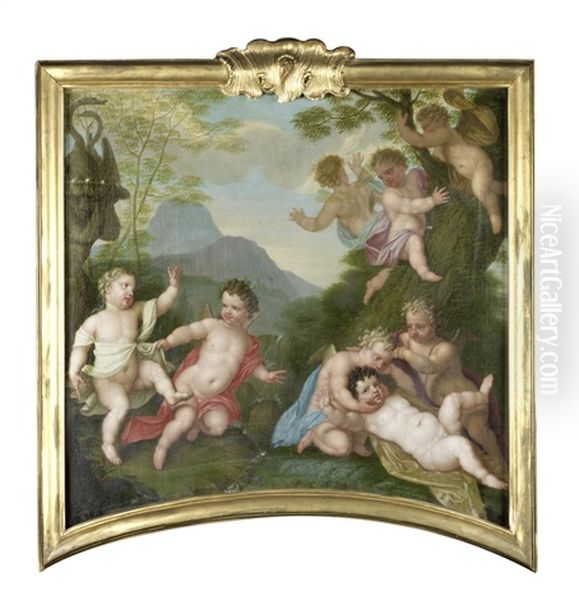 Putti Playing Before An Open Landscape Oil Painting by Augustin Terwesten