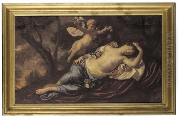 Cupid Casting Flowers Over A Sleeping Maiden Oil Painting by Augustin Terwesten