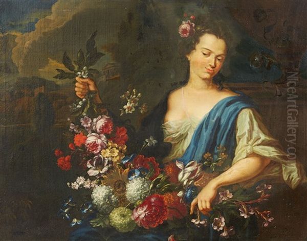 A Young Woman With A Garland (flora?) Oil Painting by Augustus (Snip) Terwesten