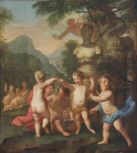 A Classical Landscape With Putti Celebrating Beneath A Bust Of Venus Oil Painting by Matthaeus (Arent) Terwesten