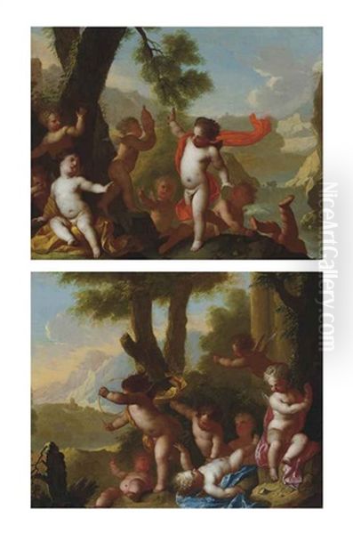 Putti Disporting In A River Landscape (+ Putti Disporting In A Landscape; Pair) Oil Painting by Matthaeus (Arent) Terwesten