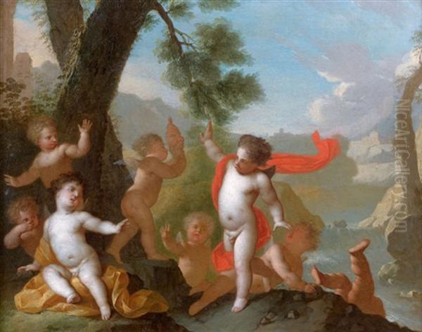 Jeu D'enfants Pres D'un Torrent (+ Jeu D'enfants Dans Un Sous-bois; Pair) Oil Painting by Matthaeus (Arent) Terwesten