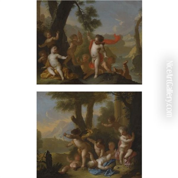 Landscapes With Putti Cavorting In A Landscape (+ Another; Pair) Oil Painting by Matthaeus (Arent) Terwesten